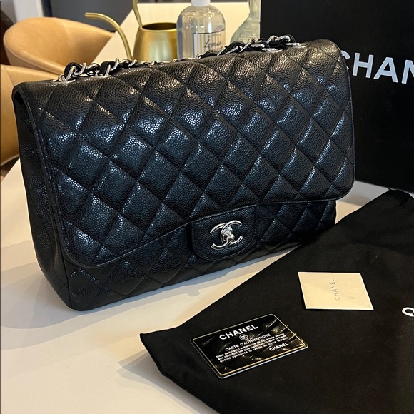 CHANEL Handbags - CHANEL Jumbo Caviar Black Quilted Leather Shoulder Bag with Silver Hardware